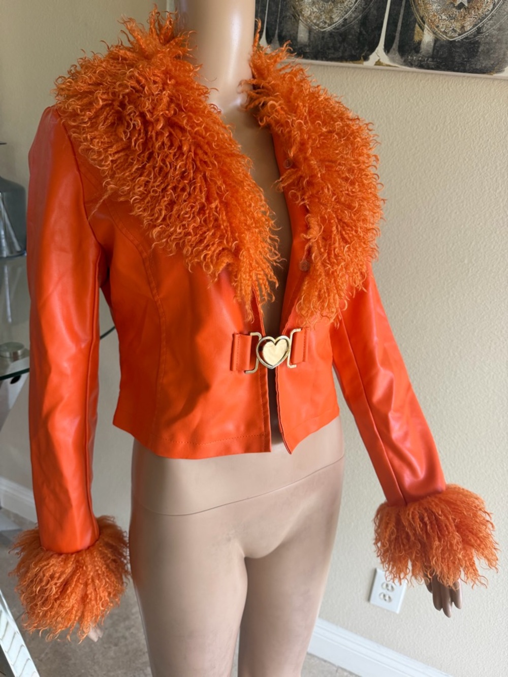 Women's Orange Faux Leather Jacket with Curly Fur Trim